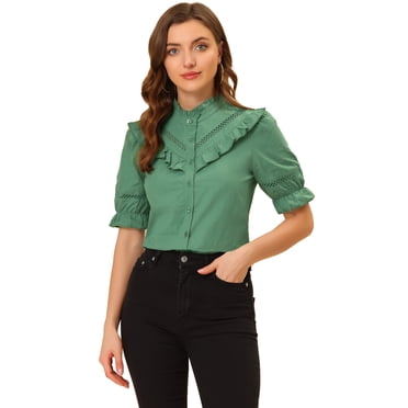 INSPIRE CHIC Women's Stand Collar Button Down Ruffle Neck Blouse Top