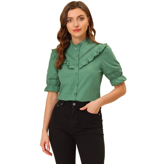 INSPIRE CHIC Women's Stand Collar Button Down Ruffle Neck Blouse Top