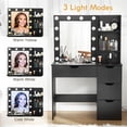 thumbnail image 3 of Ourlova Coiffeuse Table avec Miroir/station de Recharge/3 Modes d'Éclairage Lumières à Luminosité Réglable - Coiffeuse pour Chambre Commode avec 4 Tiroirs de Rangement Armoire/2 Étagères de Rangement - Noir, 3 of 6