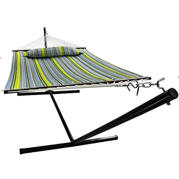 SorbusÂ® Hammock with Stand & Spreader Bars and Detachable Pillow, Heavy Duty, 450 Pound Capacity, Accommodates 2 People, Perfect for Indoor/Outdoor Patio, Deck, Yard (Hammock with Stand, Green/Blue)