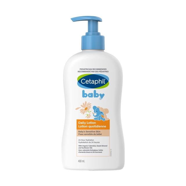 Cetaphil Lotion Quotidienne pour Bébé à la Calendula Biologique en Bouteille Blanche de 400 ml avec Pompe Bleue, Formulée pour la Peau Sensible de Bébé pour Offrir une Hydratation de 24 Heures avec des Huiles d'Amande Douce et de Tournesol, Hypoallergénique et Recommandée par les Pédiatres.