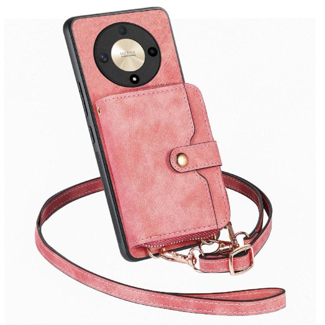 Crossbody Phone Case Wallet with Detachable Strap for Honor X9B Shockproof Cover Pink