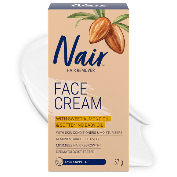 Nair Crème Dépilatoire Pour Le Visage Et La Lèvre Supérieure Avec Huile D’Amande Douce Et Huile Pour Bébé Adoucissante Qui Hydratent Et Revitalisent La Peau, 57g