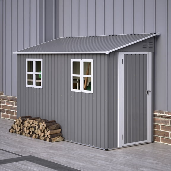 4'x10' Metal Storage Shed with Floor Kit, Heavy Duty Outdoor Steel Shed, Lean to Shed with 2 Windows & Reversible Door for Garden Tools Bikes – Grey