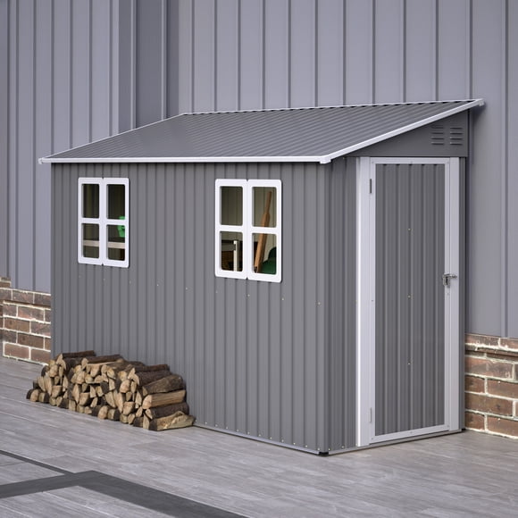 Roninkier 4x10 FT Metal Lean to Outdoor Storage Shed with Floor Kit Reversible Door & 2 Windows for Backyard Patio Lawn, Grey