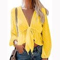 thumbnail image 2 of Pompotops Women's Sexy Solid Color Deep V-Neck Lantern Sleeves Ruffled Blouse Top, 2 of 9