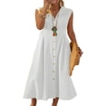 thumbnail image 1 of Robe Vintage en Coton et Lin pour Femmes, Robe Midi Décontractée d'Été à Boutons, Col en V, Grande Taille p-3TG, 1 of 6
