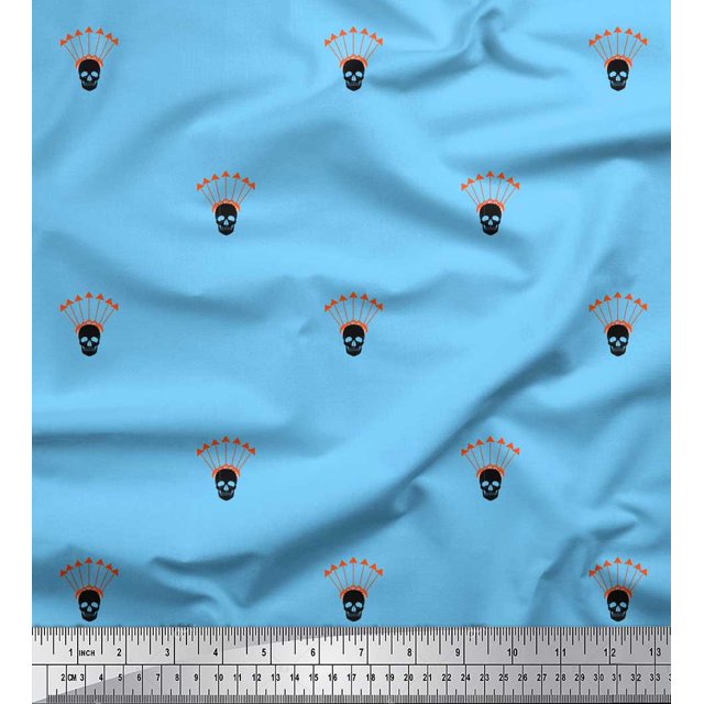 Soimoi Blue polyester Crepe Fabric Arrow & Skull Fabric Prints By Yard 42 Inch Wide