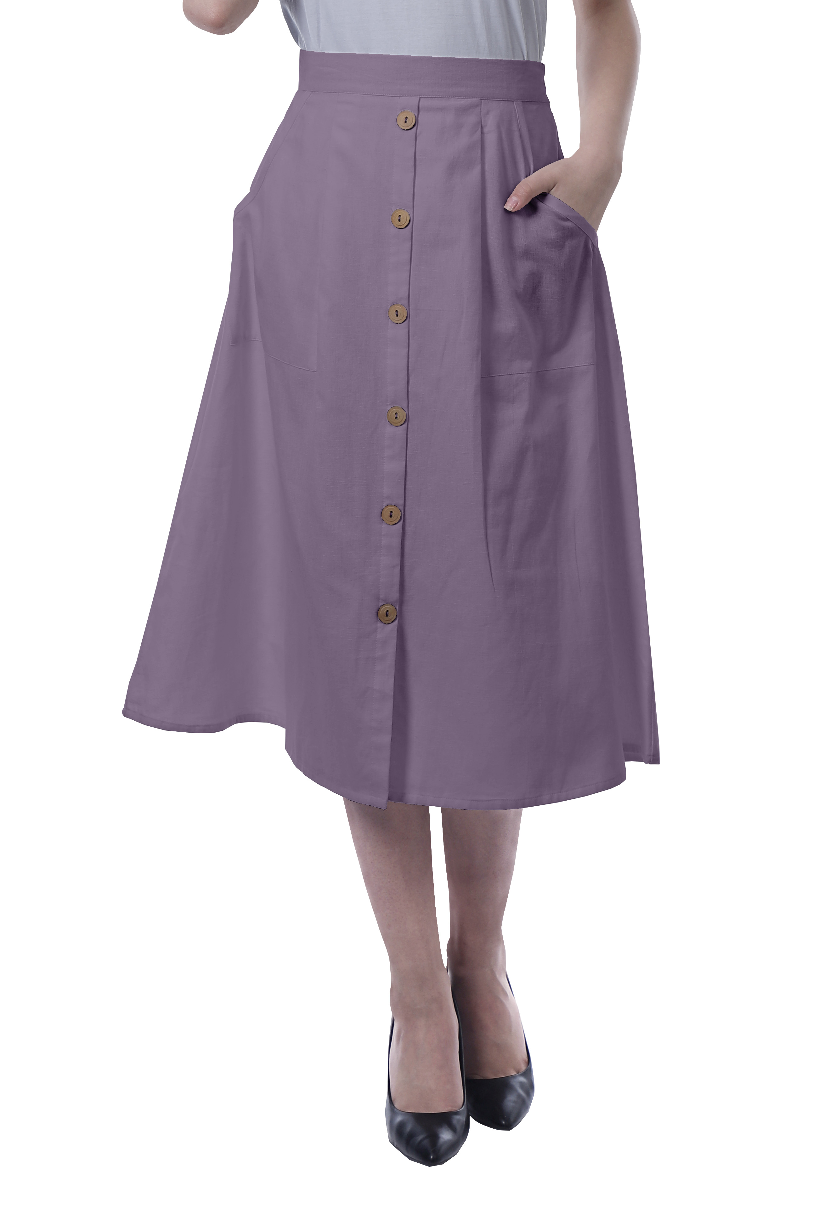 Moomaya Womens Below Knee Length A-Line Skirt Front Button Casual Skirt w/ Pockets