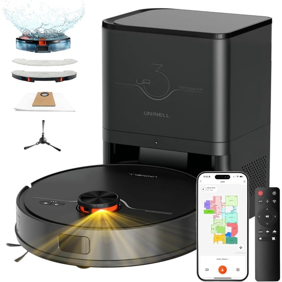 uninell UR3 Robot Vacuum & Mop Combo, 7000Pa Powerful Suction, LiDAR Navigation, 180-min Runtime, 90-Day Self-Emptying Dock, Wi-Fi/App/Alexa/Remote Control, for Pet Hair, Hard Floor, Carpet, Black