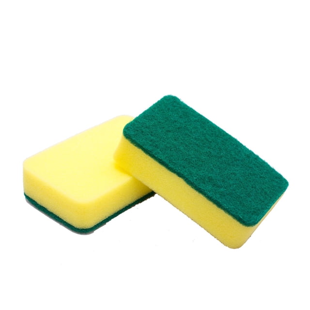 10 Cleaning Scrub Sponges for Kitchen, featuring green abrasive scouring pads and yellow non-abrasive sponges for versatile cleaning. Ideal for dishes, windows, and glass surfaces. Durable, reusable, and sold as a 10-piece set of scouring pads.