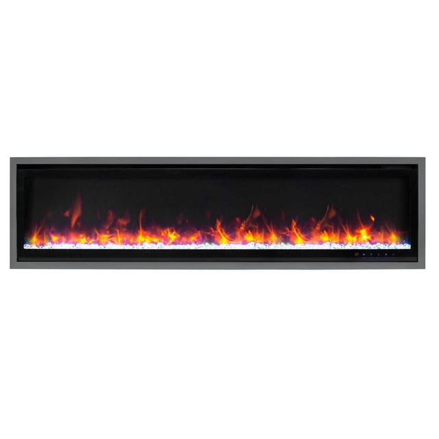 Commercial Series Kennedy II Smart Electric Fireplace, 60IN, Grey Frame with a wide rectangular design, featuring realistic 3D flames and a glowing ember bed inside a matte grey frame, designed for easy drywall or recessed installation with smart app and remote control for flame and heat customization.