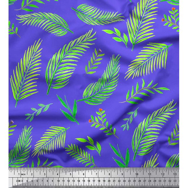 Soimoi Purple Poly Georgette Fabric Palm Leaves Printed Fabric 1 Yard 52 Inch Wide