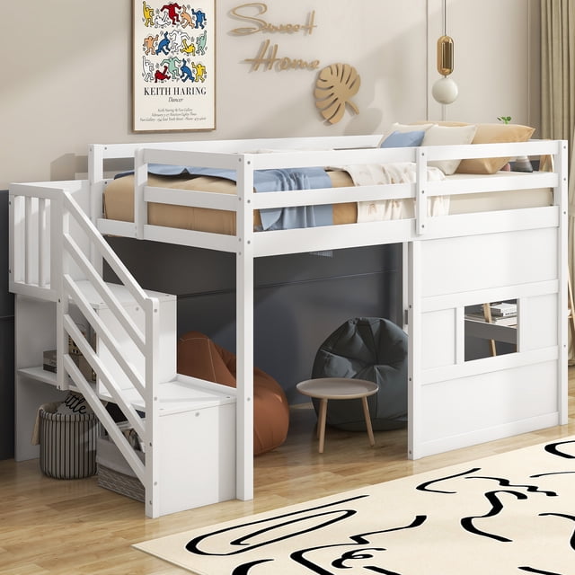 Euroco Lit Mezzanine en Bois Format Simple, Lit-Cabane avec Escalier de Rangement pour Enfants, Blanc