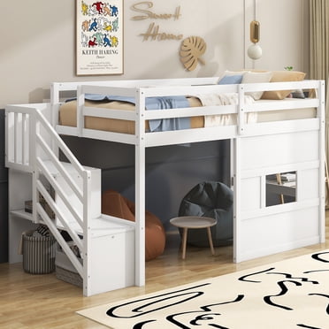 Euroco Lit Mezzanine en Bois Format Simple, Lit-Cabane avec Escalier de Rangement pour Enfants, Blanc