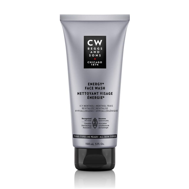 Energy+ Face Wash by CW Beggs & Sons in a 150 ml silver-gray tube with black flip cap, labeled in English and French, featuring icy menthol for a cooling sensation, revitalizing and hypoallergenic formula, suitable for all skin types, and recognized by the Canadian Dermatology Association.