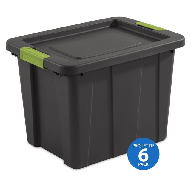 Sterilite Bac de Rangement Tuff1 de 68 L - Gris - 6 Pk Bacs de Rangement Empilables en Polyéthylène, Lot de Six Illustrés Empilés dans une Vue Orientée vers l'Avant. Chaque Bac a des Panneaux d'Extrémité Profilés Formant des Poignées Intégrées, Loquets Robustes, Couvercles Profonds Encastrés pour un Empilage Sécurisé, Murs Cannelés et Rebord Renforcé; 23 Pouces L x 17 1/4 Pouces L x 16 5/8 Pouces H. Convient au Rangement dans le garage, le Grenier