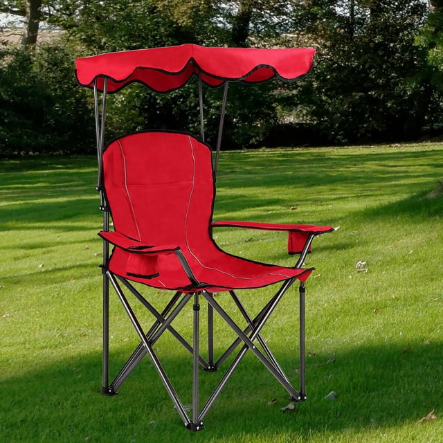 Costway Chaise de Plage Pliante Portable en Rouge avec Cadre en Acier durable et Tissu en PVC 600D. Conçue avec un Auvent anti-UV, des Accoudoirs Rembourrés, Deux Porte-Gobelets et une structure Pliable pour un Rangement et un transport Faciles. Idéale pour le camping, la Randonnée, les Sorties à la Plage et Autres Activités de Plein Air. Comprend un Sac de transport Pratique.