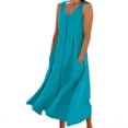 thumbnail image 2 of BiZtdJrK Robe Longue d'Été en Coton et Lin pour Femme, Boutonnée, Fluide, Vacances Plage, Robes Soleil, Couleur Unie, Col Ras du Cou, Maxi avec Poches, Bleu Ciel, P, 2 of 8
