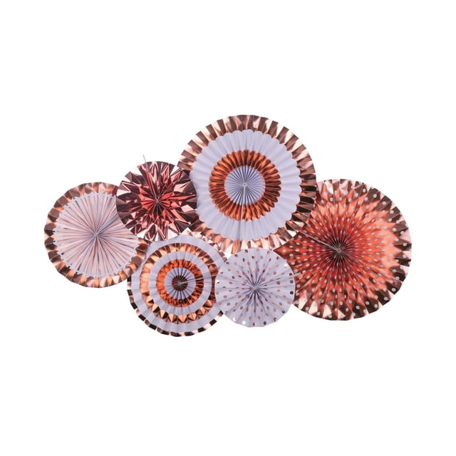R/GOLD 6PCS PAPER FANS set with six rose gold decorative paper fans in assorted sizes and patterns including metallic, concentric circles, and polka dots, designed for easy assembly and ideal for home décor, parties, or event decorations.