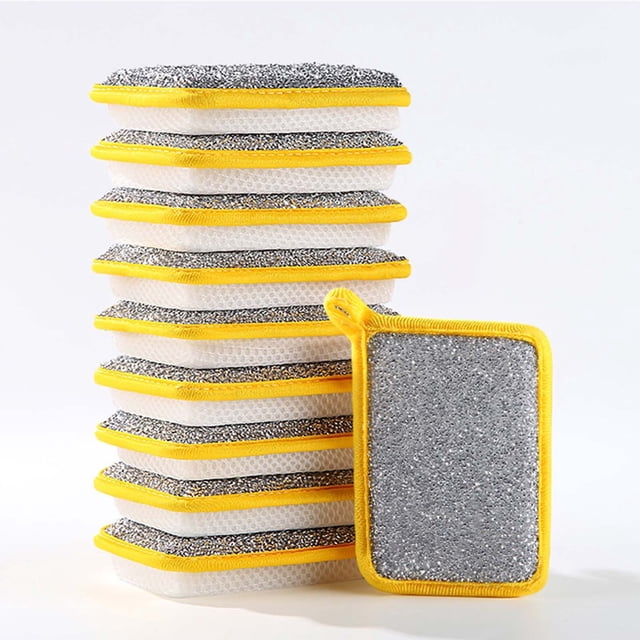 10PC Kitchen Scrub Pads Kitchen Tools, Non Scratch Scouring Pads, Soft Sponges Kitchen Sponge Dish Cheap Cleaning Supplies. A set of ten rectangular sponges with a silver scouring surface and yellow trim, designed for non-scratch cleaning of dishes, pots, and countertops. These reusable sponges are stackable and suitable for various household cleaning tasks.