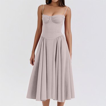 Weiqiqre Robes pour Femmes Élégantes et Chic à Bretelles Spaghetti à Lacets Robes Midi Décontractées avec Poches Décolleté Plongeant Bustier Fluide Robe d'Été