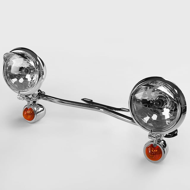 Krator Chrome Motorcycle Driving Passing Spotlight Light Bar & Turn Signals Cruiser featuring a steel light bar with chrome finish, two white incandescent passing lights, and two amber turn signals. The light bar is designed for custom motorcycle applications and includes a generic two-wire setup. The passing lights measure 4 inches in length and 4.75 inches in width and height, while the turn signals measure 2.75 inches in length and 2 inches in width and height. Mounting hardware and instructions are not included.