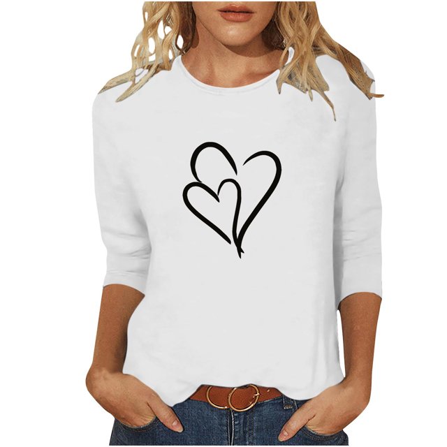 Plebaso Hauts Cœur pour Femmes Manches 3/4 Col Rond T-Shirts Décontractés Imprimé Chandail Femmes 2025 Tee Blouses