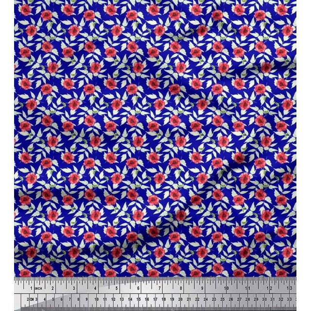 Soimoi polyester Crepe Fabric Leaves & Poppy Floral Print Fabric by the Yard 52 Inch Wide
