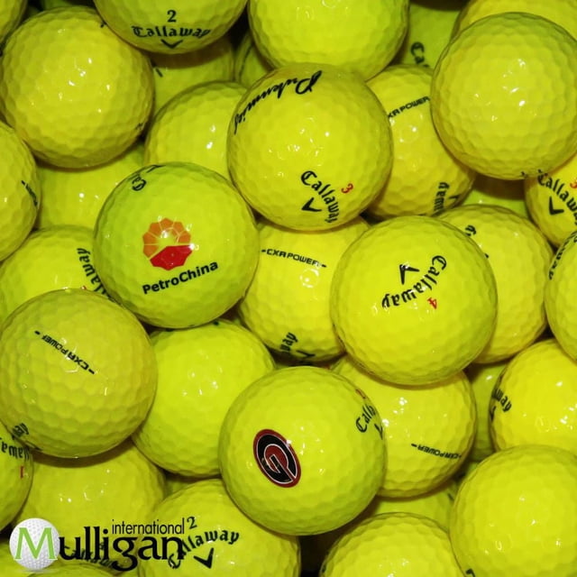 Mulligan - 50 Callaway Mix - 5A Recycled Used Golf Balls, Yellow, close-up of numerous yellow dimpled golf balls with Callaway branding, numbers, and logos including PetroChina, showing near-mint condition and recycled quality suitable for tee-to-green distance and short game control.