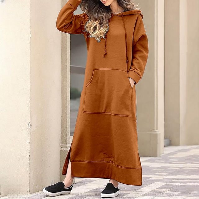 Fshaion Robe d'Été pour Femmes 2024 Grande Taille Col Rond Hiver Chaud Couleur Manches Longues avec Poches Robe Longue en Liquidation à Moins de 10!