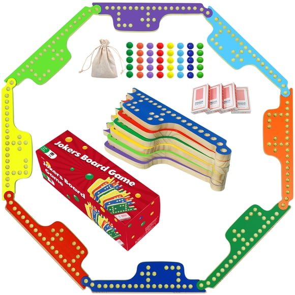 Jokers Jeu de Société and Marbles, Ensemble de Chevilles en Bois Massif et Jokers pour 2 à 8 Joueurs, 8 Boards en Bois, 40 Billes, 4 Jeux de Cartes, Coffret Cadeau de Jeu de Table Portable