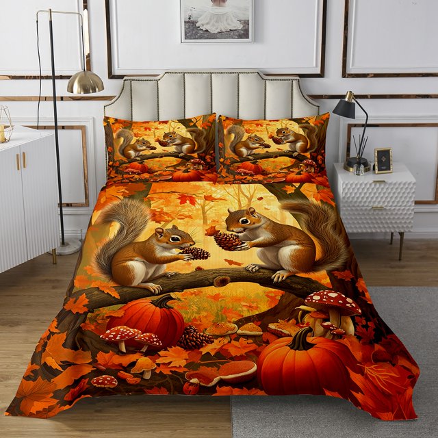 Ensemble de Couvre-Lit Récolte d'Automne Ensemble de Jeté de Lit Citrouille d'Automne Enfants Garçons Ados Ferme Écureuil Animaux Ensemble de Courtepointe Format Très Grand Feuilles d'Érable Literie Campagnarde avec 2 Taies d'Oreiller