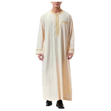 Ketyyh-chn99 Chemises Boutonnées Hommes Vêtements d'Automne Robe Habillée Homme Robe Arabe Mi-Longue Manches Longues Brodée Poche Longue Chemise Manteau Robe Chemise Vêtements de Prière Homme Blanc,m