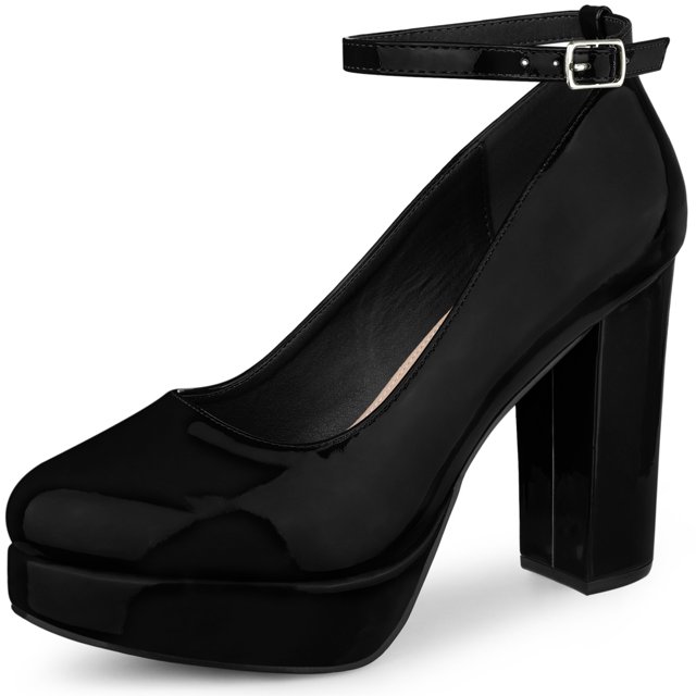 BLISSFUL STEP Escarpins à Talon Bloc pour Femmes Plateforme Bride à la Cheville Bout Rond Talon Noir 11