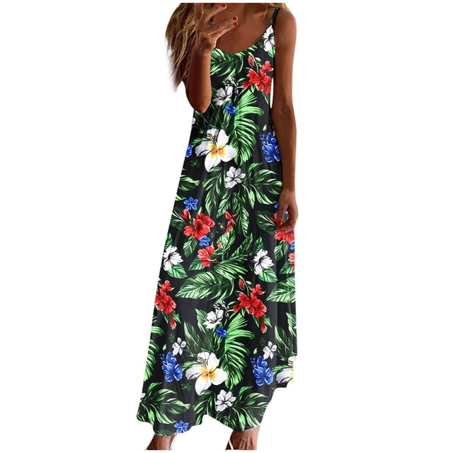 Robe d'Été pour Femmes Sans Manches à Col en V Imprimée Décontractée Longue Maxi pour Plage Vacances Tenue d'Extérieur