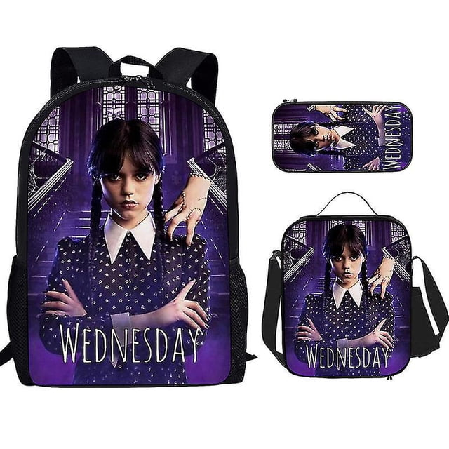 3-piece set Wednesday Adams school bag for kids, including a backpack, pencil case, and small bag. The backpack features a purple and black design with a Wednesday Adams theme, showcasing a gothic-style background and the text 'Wednesday.' The pencil case and small bag match the design, making it ideal for school use.