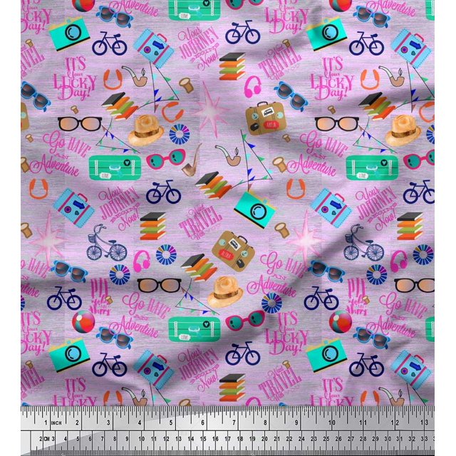 Soimoi Poly Georgette Fabric Camera,Hat & Briefcase Travel Print Fabric by The Yard 52 Inch Wide