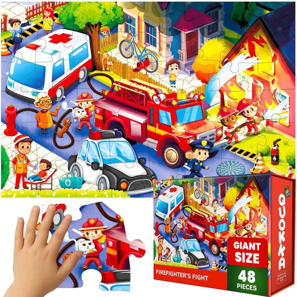 Quokka Casse-Tête de Plancher pour Enfants de 4 à 6 Ans – Casse-Tête pour Tout-Petits de 3 à 5 Ans à Thème Camions de Pompiers – Activité Éducative pour Garçons et Filles