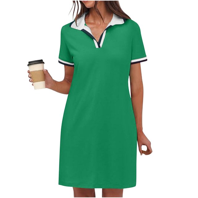 Dvprdro Robe d'Été pour Femme Mode Classique Unie à Manches Courtes Robe Mini Décontractée Ample avec Poches Robe Chemise de Tennis Golf