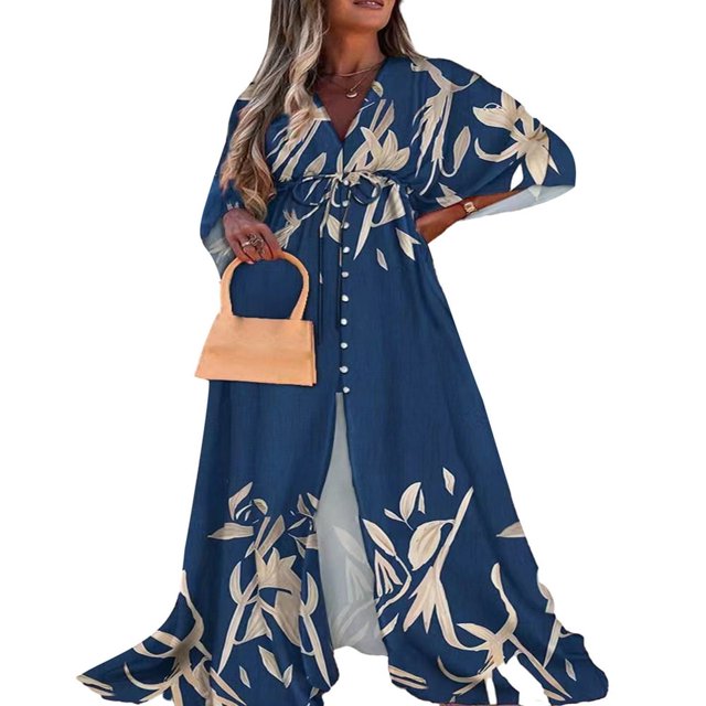 Women Summer Flower Print Loose Fit V Neck Button High Split Long Dress
