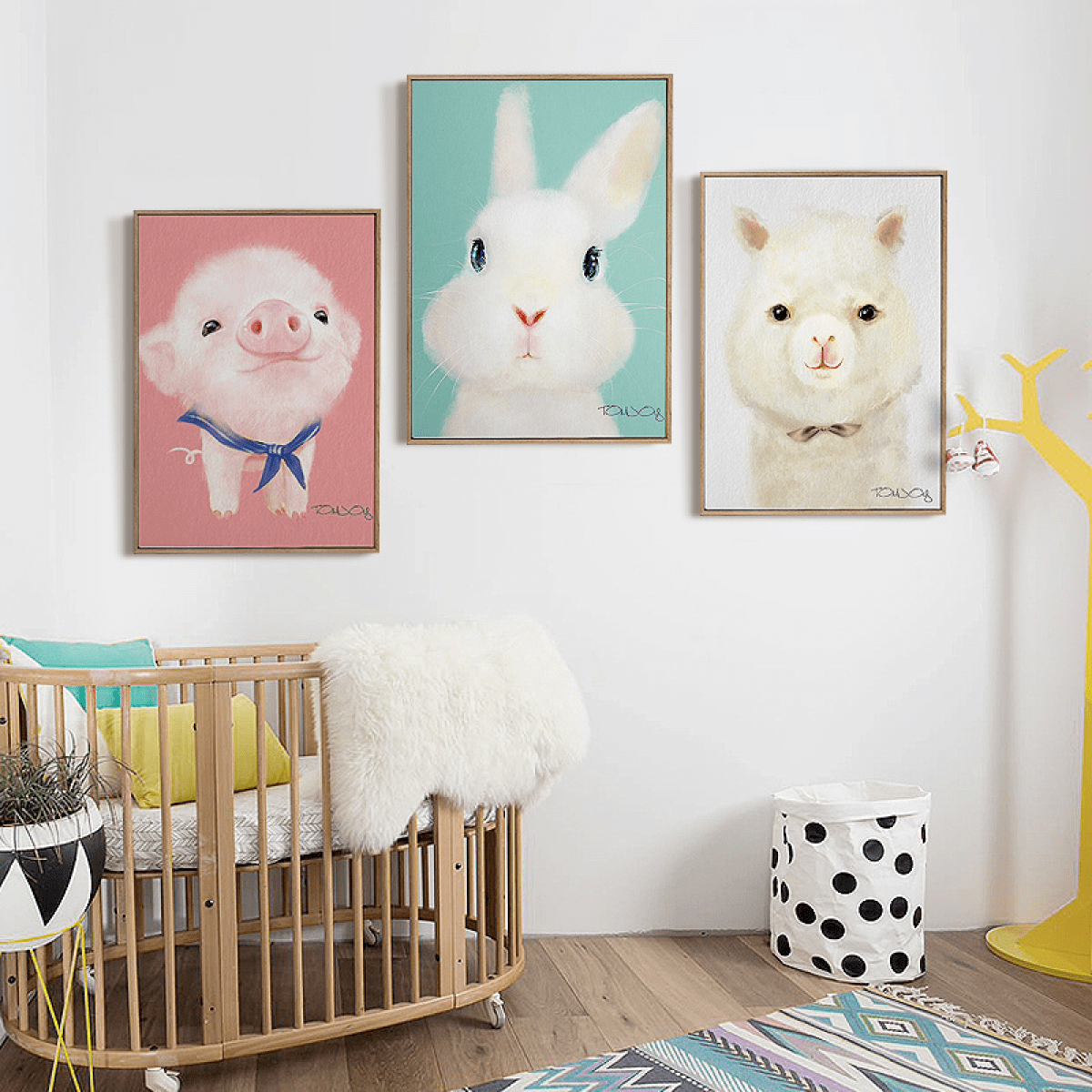 Affiche Imprimée sur Toile d'Art Mural de Dessin Animé d'Alpaga, Lapin et Cochon, Simple et Mignon Aquarelle