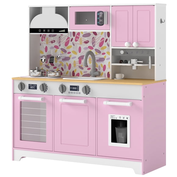 Qaba Cuisine de Jeu, Ensemble de Cuisine pour Enfants avec Cafetière, Machine à Glaçons, Rose