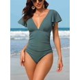 thumbnail image 4 of Charmo Womens Double V Neck Swimsuit Ruffled Shoulder One Piece Swimwear Tummy Control Bath Suit, 4 of 6
