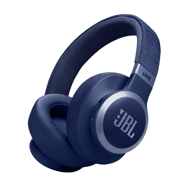 JBL LIVE 770NC over-ear headphones in navy blue with cushioned ear cups and fabric headband, featuring JBL logo on the earcup, True Adaptive Noise Cancelling, multi-point Bluetooth 5.3 connection, and side control buttons, ideal for immersive sound and hands-free calls.