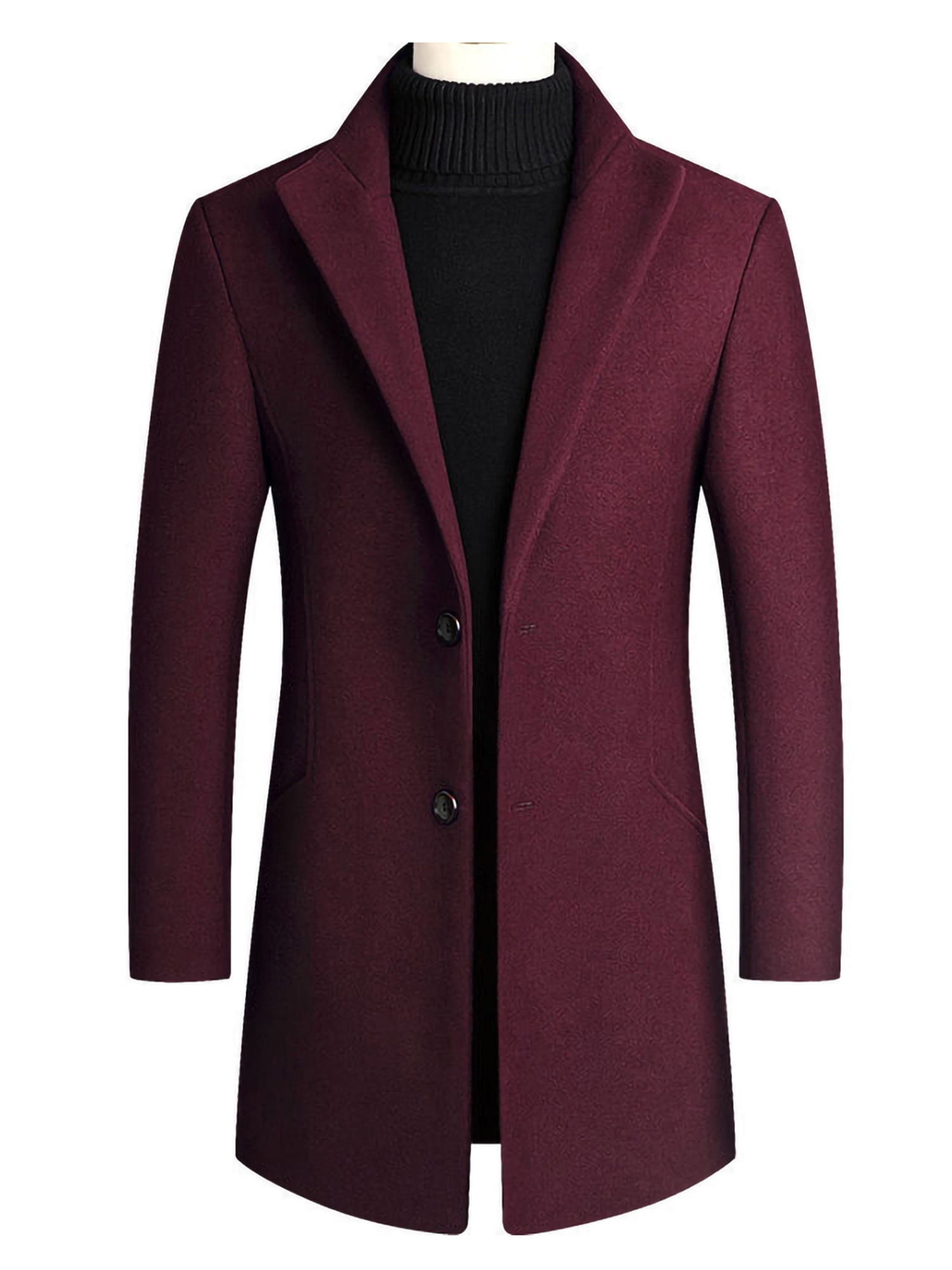 UKAP Men Pea Coat Solid Color Trench Coats Lapel Jacket Mid Length Work Outwear Wine Red M