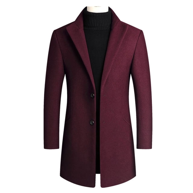 UKAP Men Pea Coat Solid Color Trench Coats Lapel Jacket Mid Length Work Outwear Wine Red M