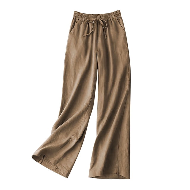 VEKDONE Womens Cotton Linen Long Pants Khaki XXL