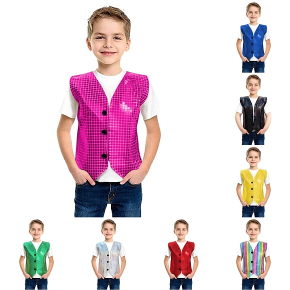 PMVFHDE Carnival Themed Boys Vest With Cut Square Patchwork Sequin Applique For Stage Performance Party Wear Hot Pink,2-3Years