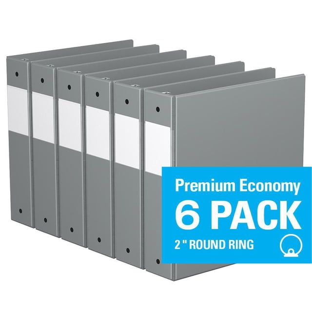 Davis Group Premium Economy Round Ring Binder 6 Pack 2 inch in grey with clear label holders on spines and round rings, designed for organizing documents in offices, schools, and conferences with 400-sheet capacity.